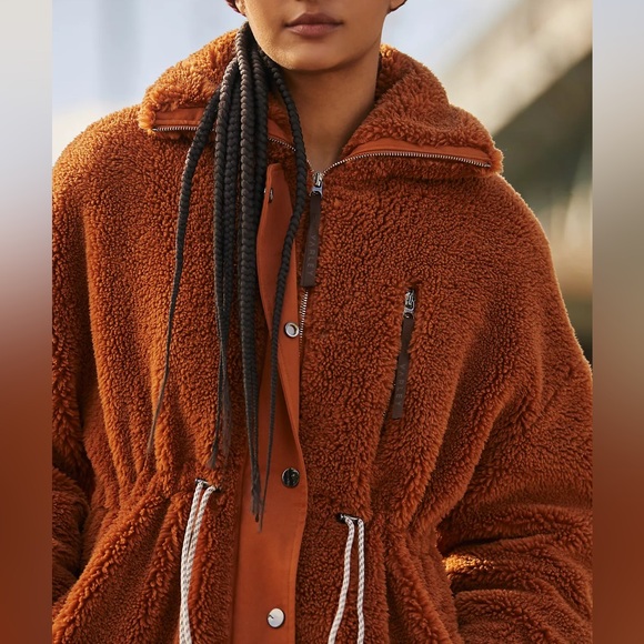 Varley Jones Sherpa Coat Medium Caramel Cafe New Long Teddy Jacket Rust - Picture 6 of 13